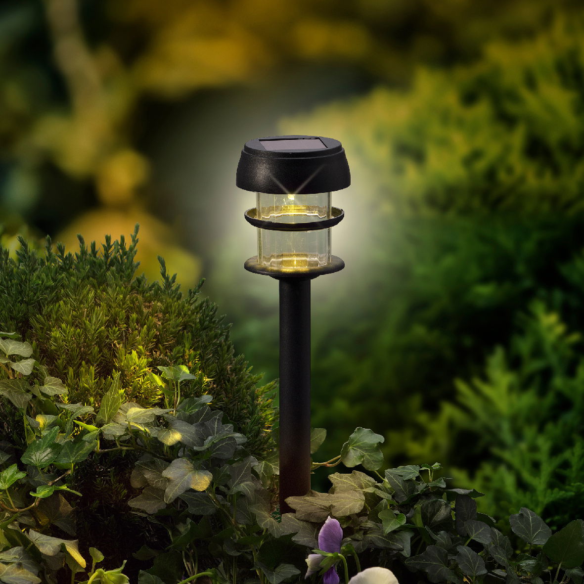 Solarbetriebene Stabbeleuchtung aus Plastik in einem Garten, seitliche Perspektive