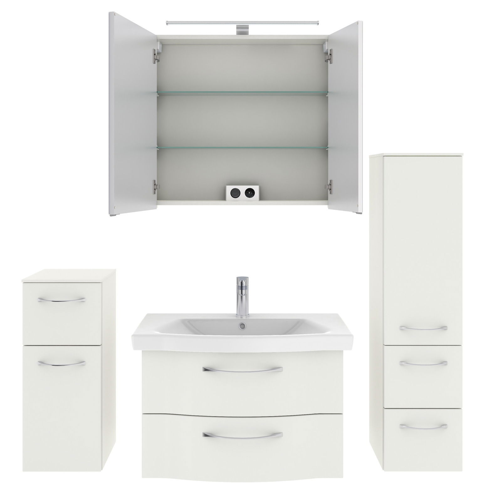 Badezimmermöbel-Set in Weiß, bestehend aus einem Waschbeckenunterschrank mit zwei Schubladen, einem hohen Schrank mit zwei Türen, einem kleinen Schrank mit einer Tür und einem Spiegelschrank mit offenen Türen, aus der Frontperspektive.