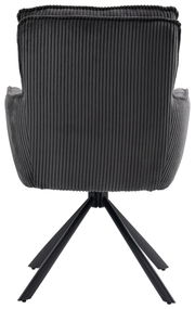 Rückansicht eines Sessels mit geripptem Stoffbezug und schwarzem Metallgestell