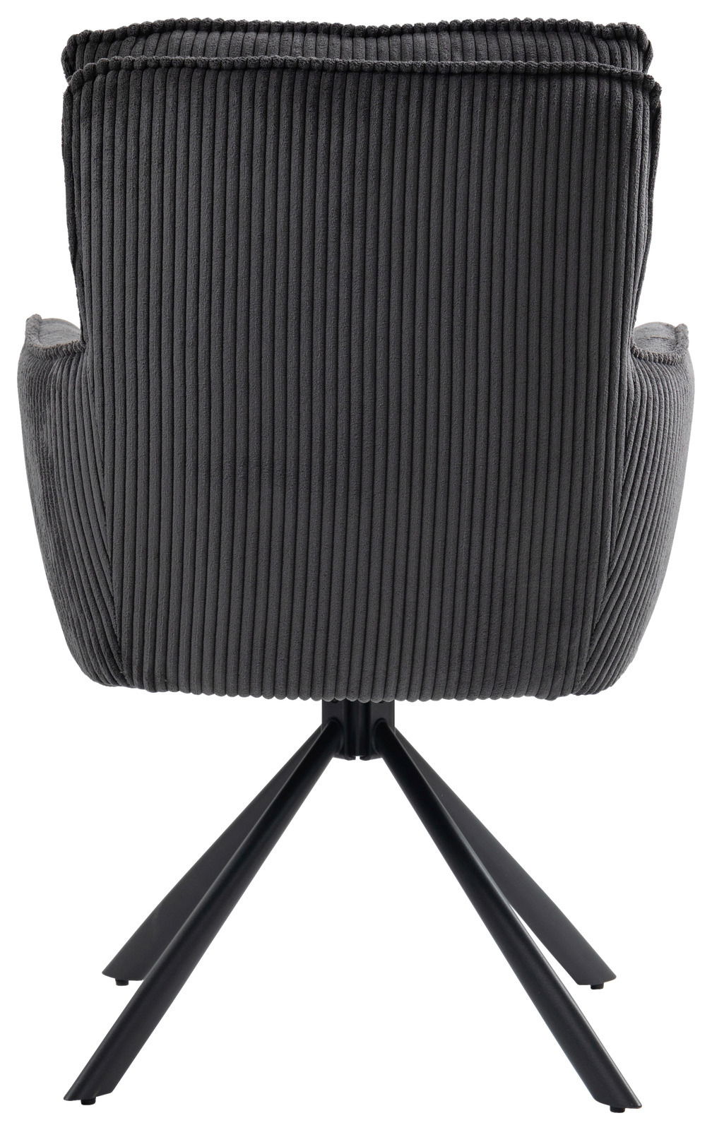 Rückansicht eines Sessels mit geripptem Stoffbezug und schwarzem Metallgestell