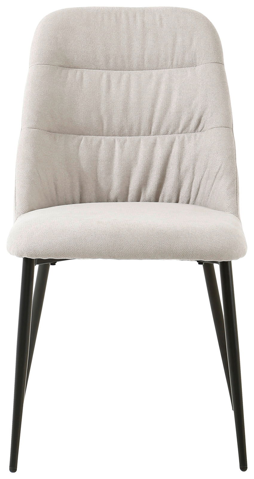 Vorderansicht eines modernen, gepolsterten Stuhls mit hellgrauem Stoffbezug und schwarzen Metallbeinen.