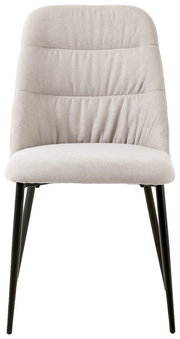 Vorderansicht eines modernen, gepolsterten Stuhls mit hellgrauem Stoffbezug und schwarzen Metallbeinen.