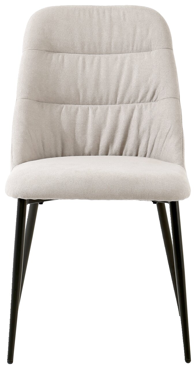 Vorderansicht eines modernen, gepolsterten Stuhls mit hellgrauem Stoffbezug und schwarzen Metallbeinen.