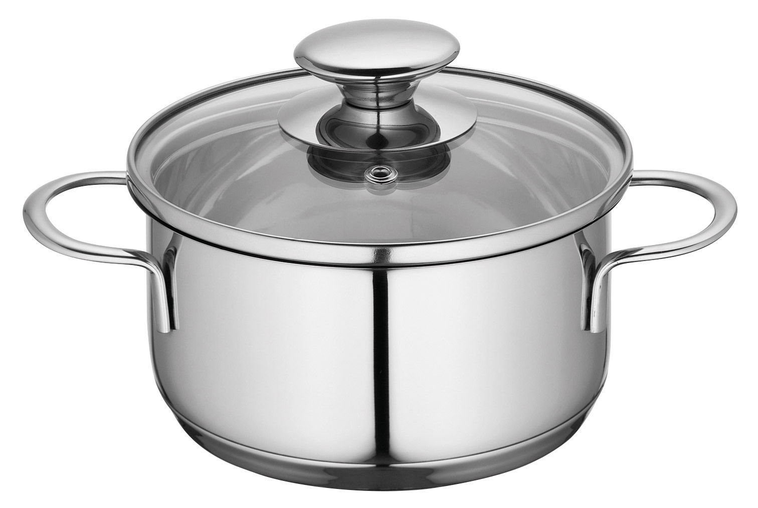 Edelstahl Kochtopf CAPRI, 14 cm, mit Glasdeckel und zwei Griffen, seitliche Perspektive