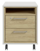 Rollcontainer aus Holz mit zwei Schubladen und einem offenen Fach, auf Rollen, Frontalansicht