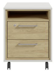 Rollcontainer aus Holz mit zwei Schubladen und einem offenen Fach, auf Rollen, Frontalansicht