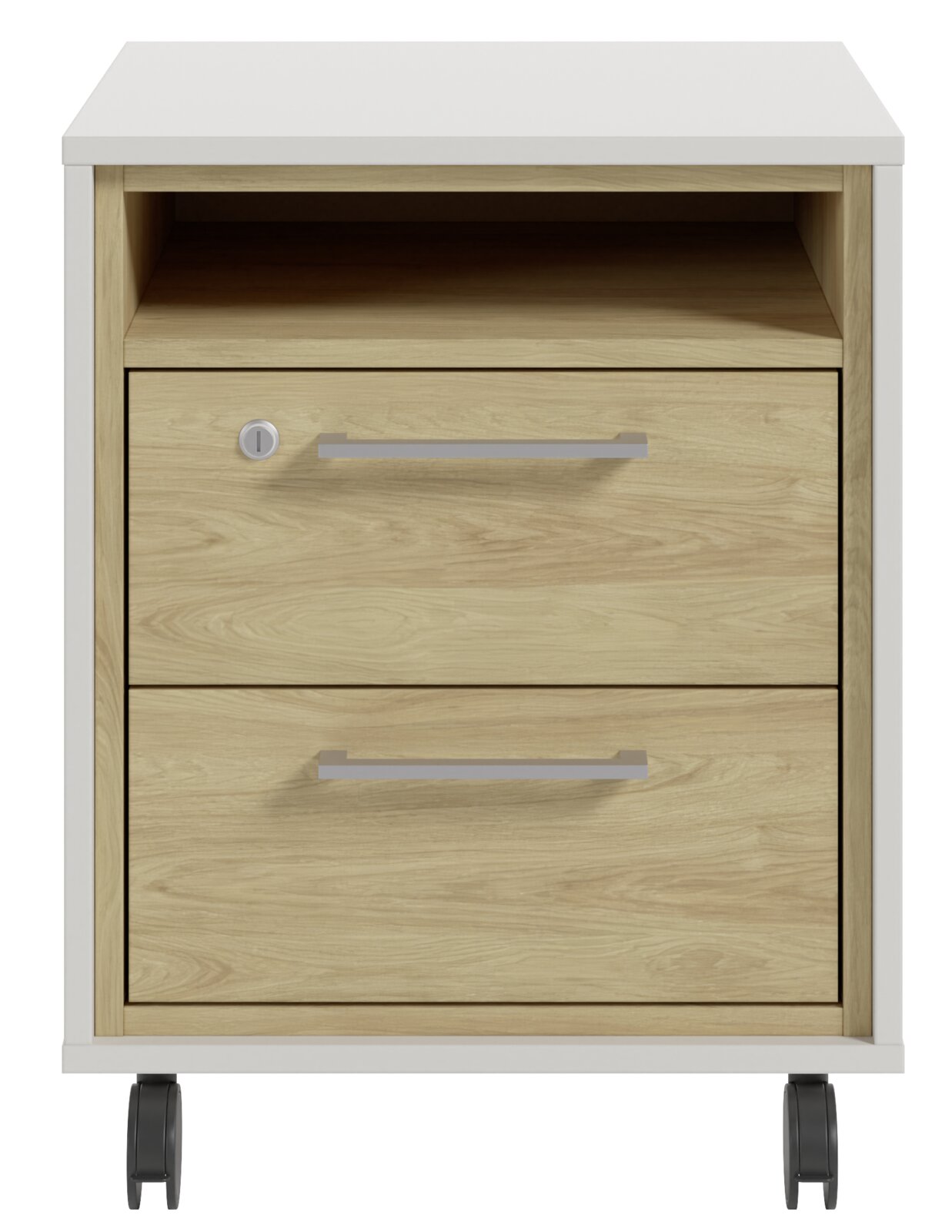 Rollcontainer aus Holz mit zwei Schubladen und einem offenen Fach, auf Rollen, Frontalansicht