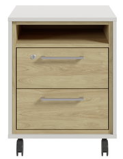 Rollcontainer aus Holz mit zwei Schubladen und einem offenen Fach, auf Rollen, Frontalansicht