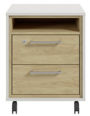 Rollcontainer aus Holz mit zwei Schubladen und einem offenen Fach, auf Rollen, Frontalansicht