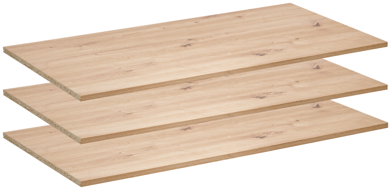 Drei übereinander gestapelte, schmale Einlegeböden aus Holz in einer schrägen Perspektive.