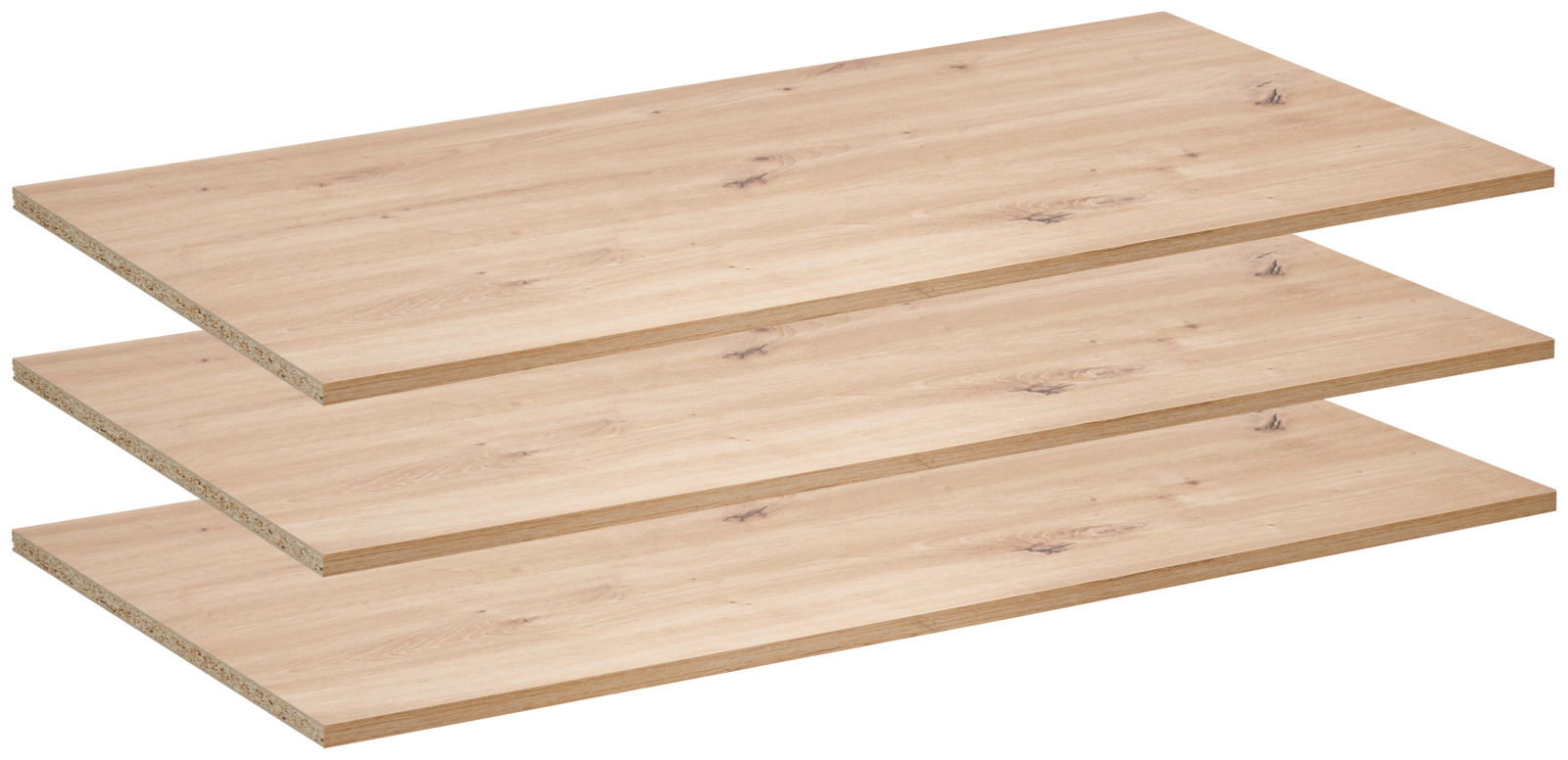 Drei übereinander gestapelte, schmale Einlegeböden aus Holz in einer schrägen Perspektive.