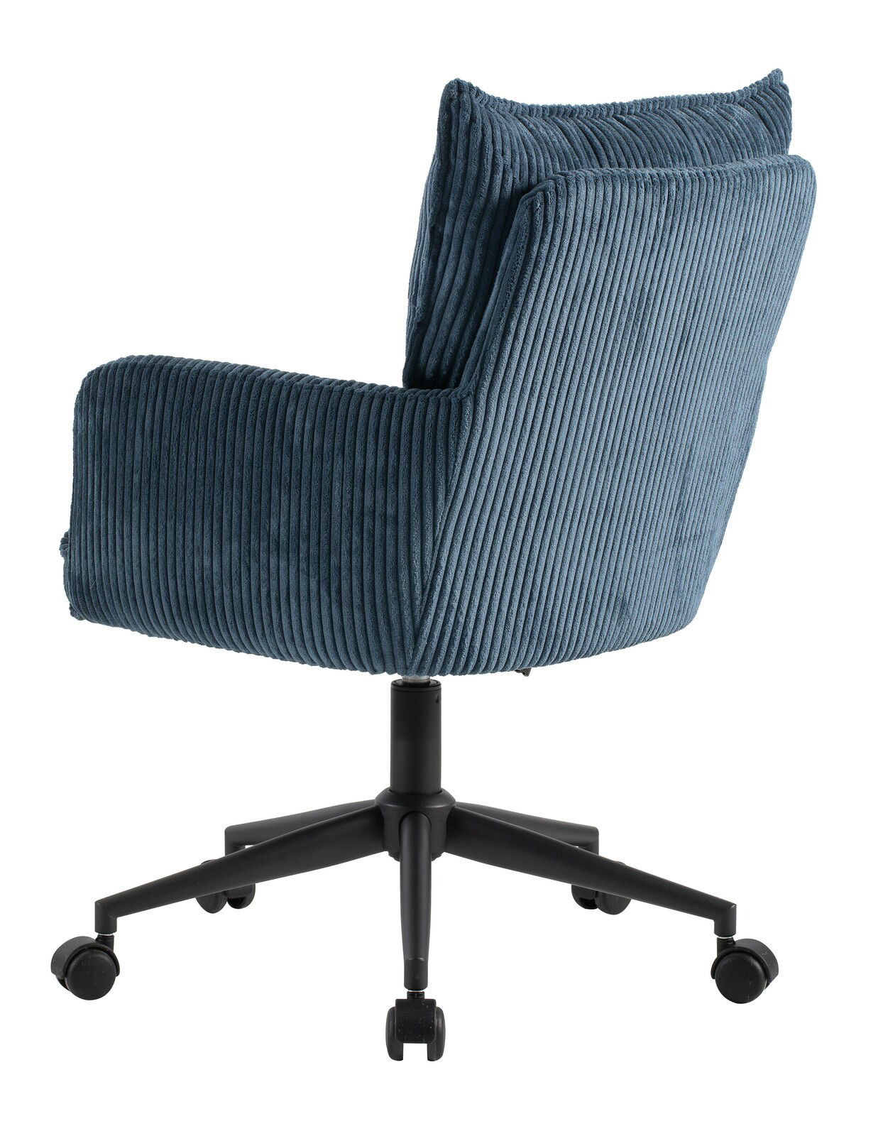 Blauer Drehstuhl mit geripptem Stoffbezug, seitliche Perspektive