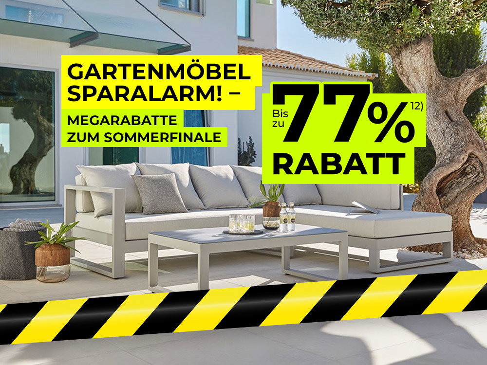 Moderne Gartenlounge auf Terrasse vor Haus, Werbebanner mit Sommerfinale und Sparalarm für Gartenmöbel.