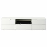 Weißes Lowboard mit drei Schubladen und einem offenen Fach, frontale Ansicht