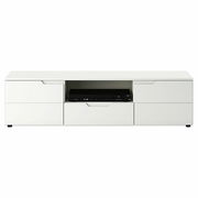 Weißes Lowboard mit drei Schubladen und einem offenen Fach, frontale Ansicht