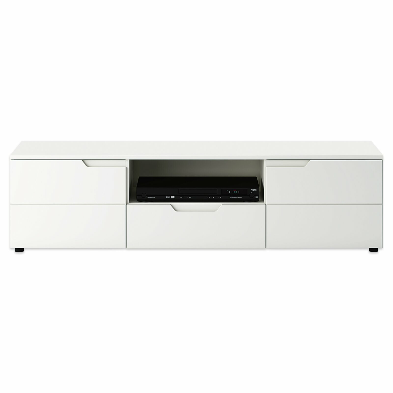 Weißes Lowboard mit drei Schubladen und einem offenen Fach, frontale Ansicht