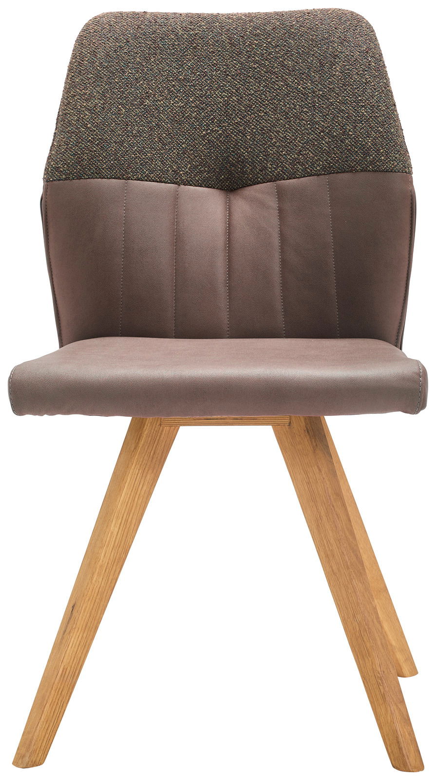 Moderner Stuhl mit gepolsterter Rückenlehne und Sitzfläche in Braun, kombiniert mit Holzbeinen, Frontalansicht.