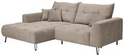 Beige Ecksofa mit Ottomane links, gestepptem Stoff und schwarzen Metallfüßen, Perspektive von vorne links