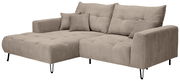 Beige Ecksofa mit Ottomane links, gestepptem Stoff und schwarzen Metallfüßen, Perspektive von vorne links