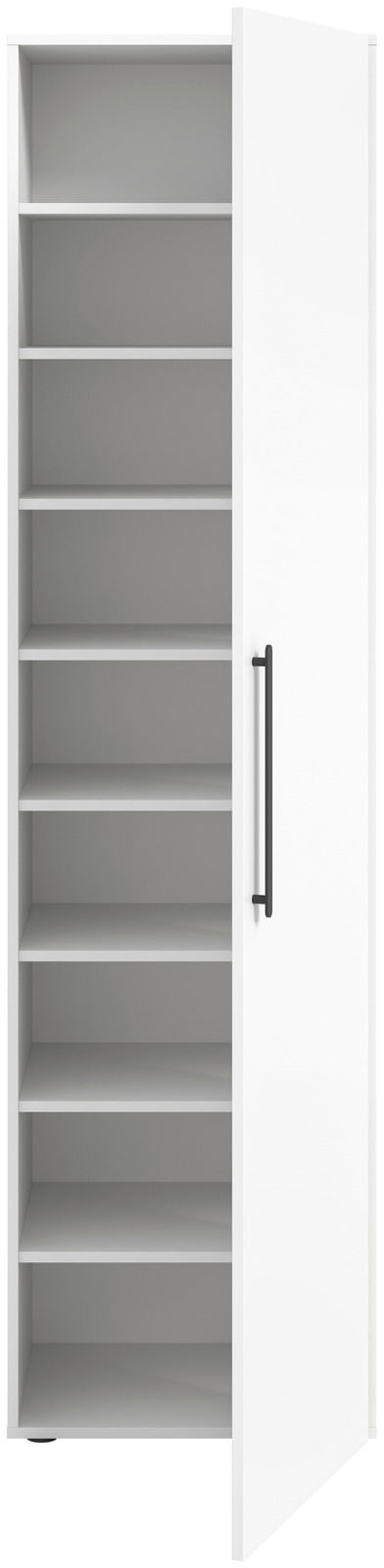 Weißer Garderobenschrank mit offener Tür, sieben Regalböden sichtbar, Frontalansicht