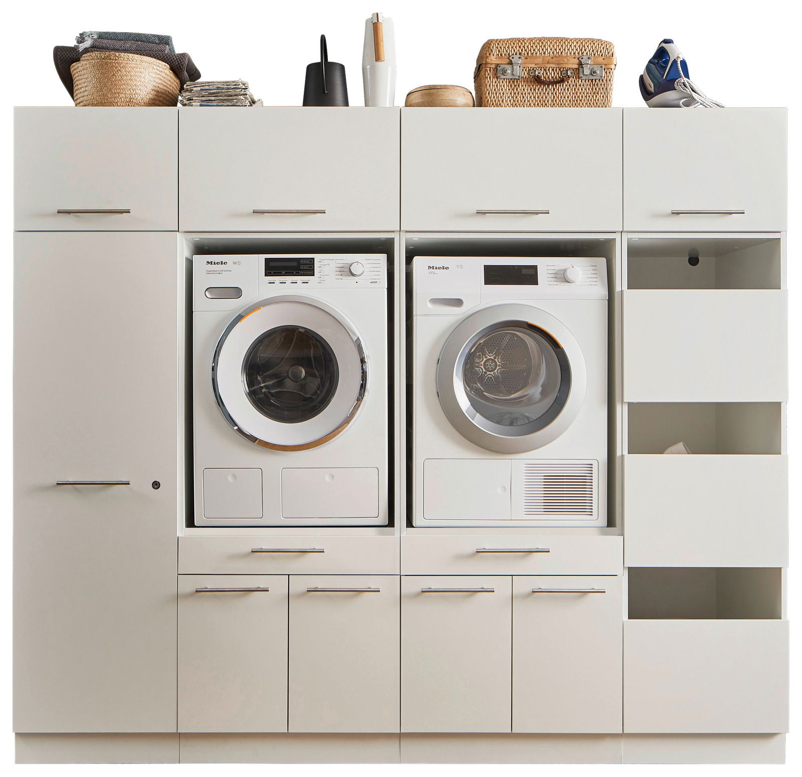 XORA Hauswirtschaftsraum-Kombi PRIMUS Frontale Ansicht einer Hauswirtschaftsraum-Kombination mit Waschmaschine, Trockner und Stauraum.