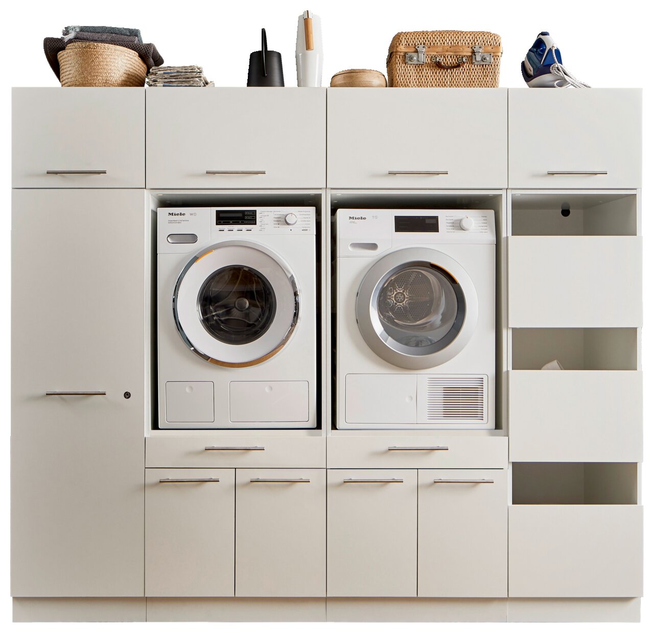 XORA Hauswirtschaftsraum-Kombi PRIMUS Frontale Ansicht einer Hauswirtschaftsraum-Kombination mit Waschmaschine, Trockner und Stauraum.