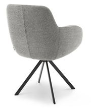 Rückansicht eines grauen Armlehnstuhls mit schwarzem Metallgestell und vier Beinen.