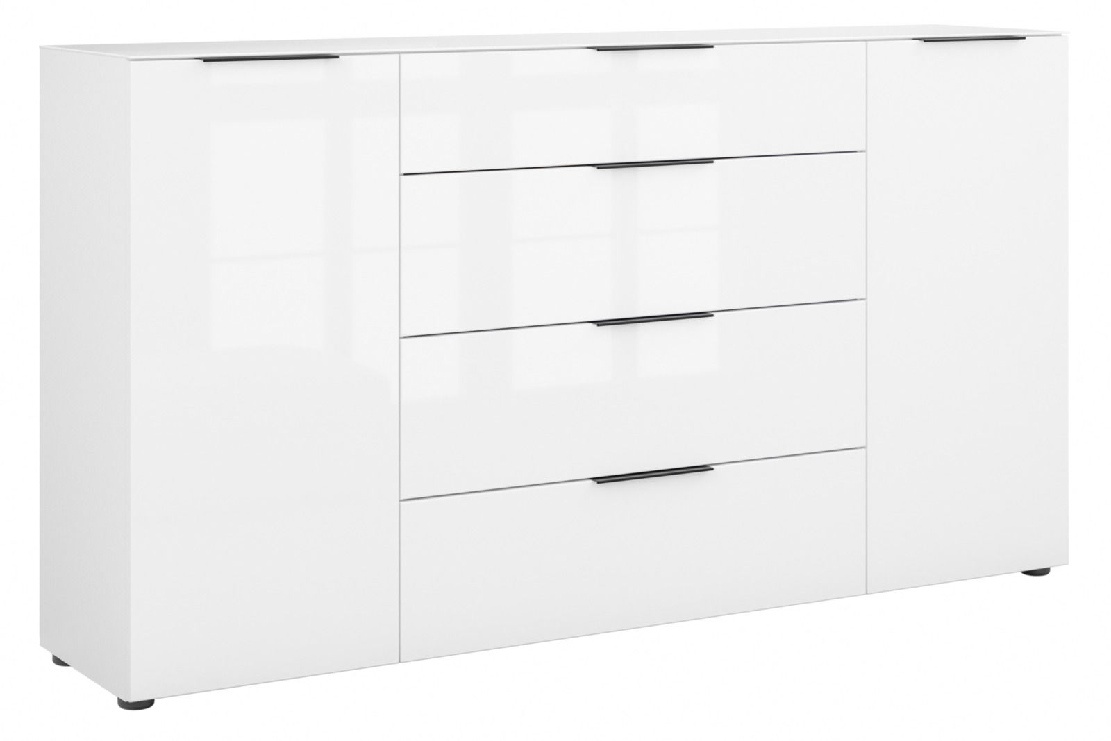 Weißes XL-Sideboard mit vier Schubladen und zwei Türen, frontale Ansicht