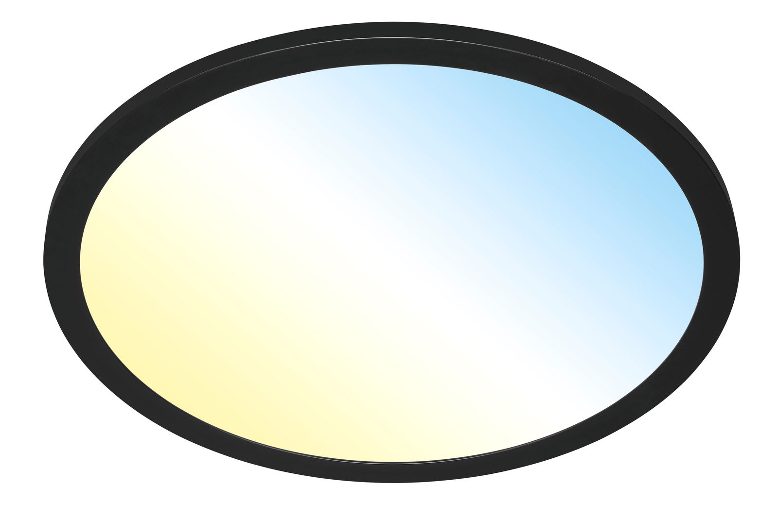 Briloner LED-Deckenleuchte PIATTO Runde LED-Deckenleuchte mit schwarzem Rahmen, von unten betrachtet, zeigt einen sanften Farbverlauf von Gelb zu Blau.