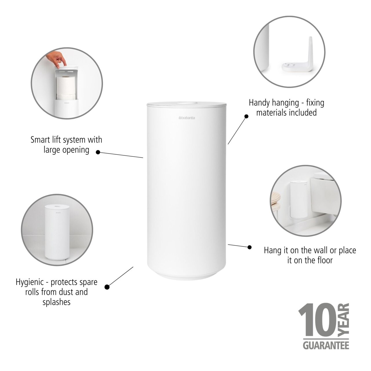 Zylindrischer Toilettenrollenspender in Weiß mit großem Öffnungssystem, kann an der Wand montiert oder auf den Boden gestellt werden, inklusive Befestigungsmaterialien. Perspektive: Frontalansicht.