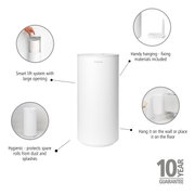 Cilindrische toiletrolhouder in wit met een groot openingssysteem, kan aan de muur worden bevestigd of op de vloer worden geplaatst, inclusief bevestigingsmateriaal. Aanzicht: vooraanzicht.