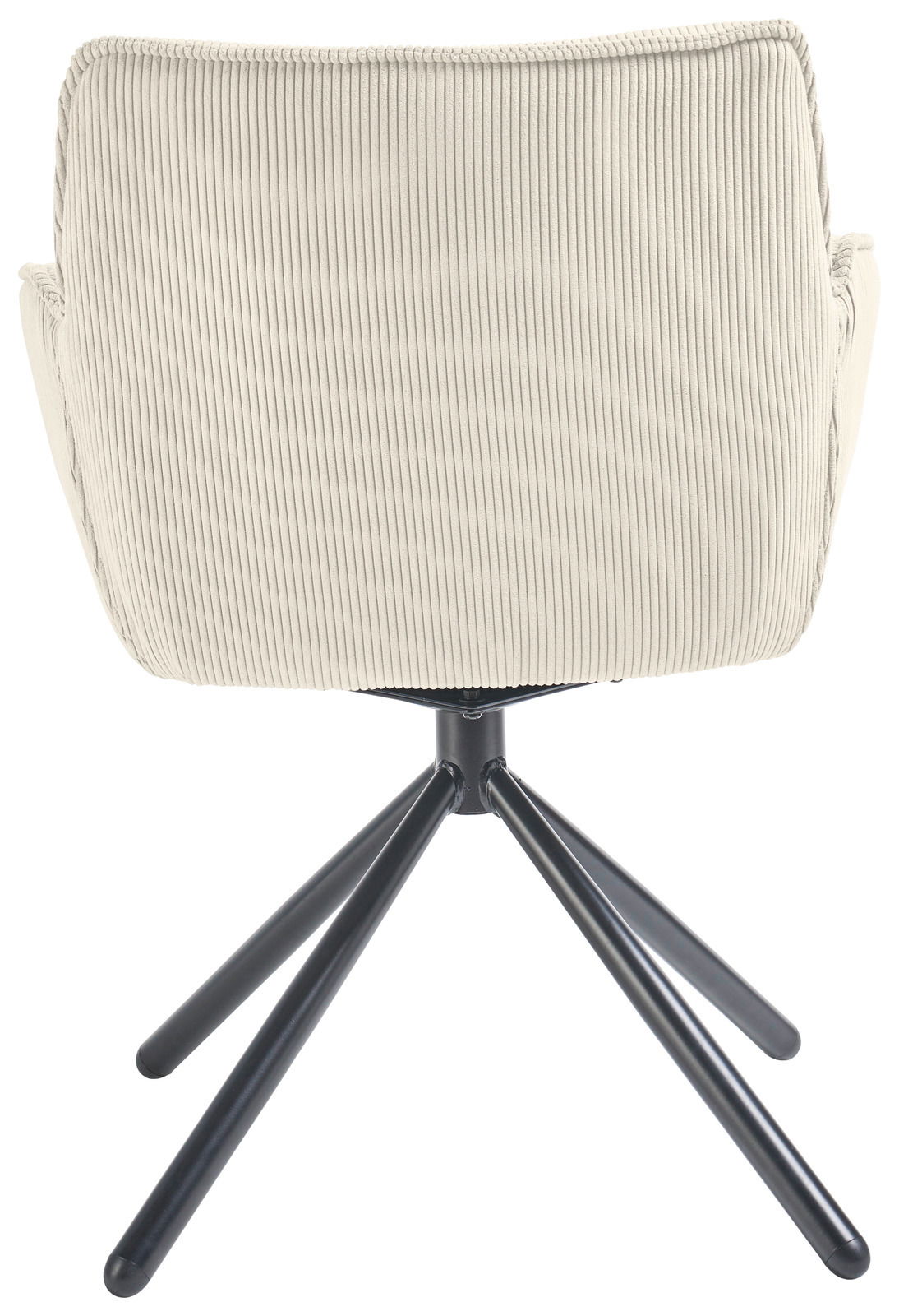 Rückansicht eines Armlehnstuhls mit hellem, geripptem Stoffbezug und schwarzem Metallgestell.
