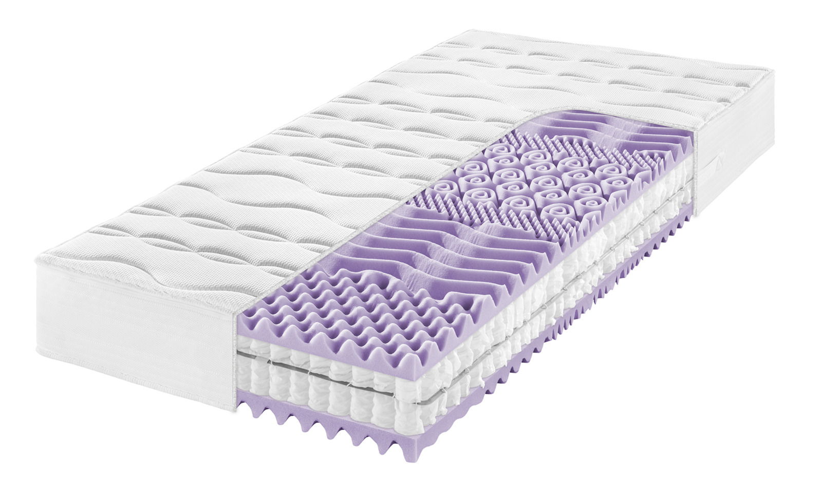 Querschnitt einer 7-Zonen-TTFK-Matratze mit lila Schaumstoffschicht und Taschenfederkern, seitliche Perspektive
