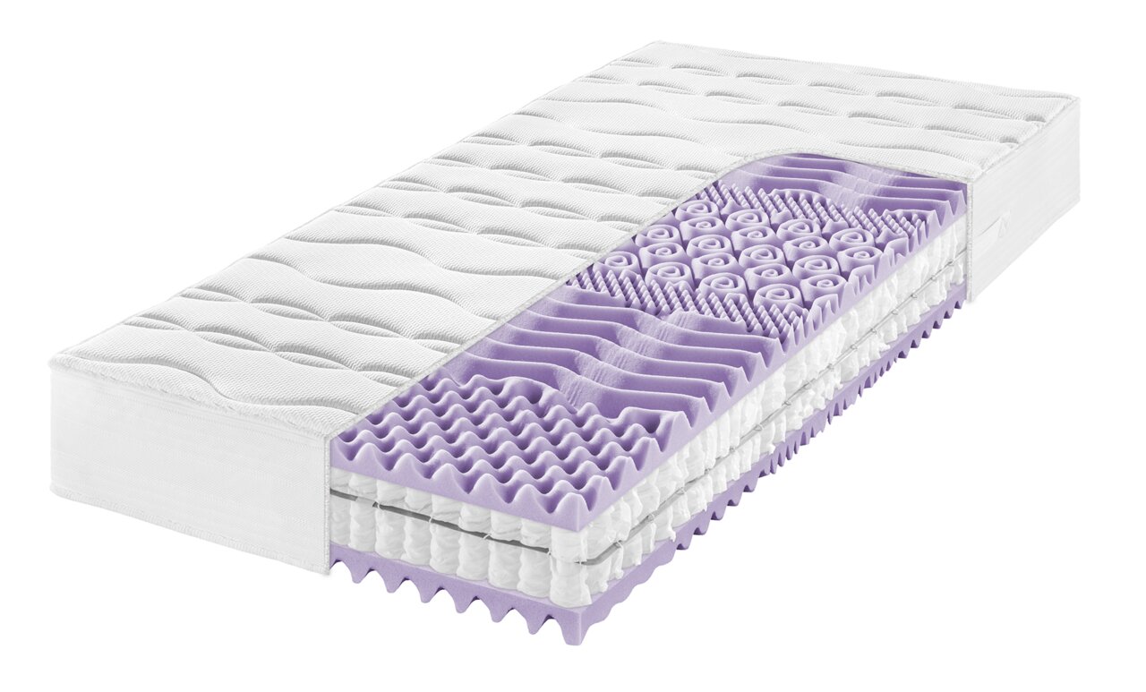Viflex 7-Zonen-TTFK-Matratze KLIMA STEP T Querschnitt einer 7-Zonen-TTFK-Matratze mit lila Schaumstoffschicht und Taschenfederkern, seitliche Perspektive