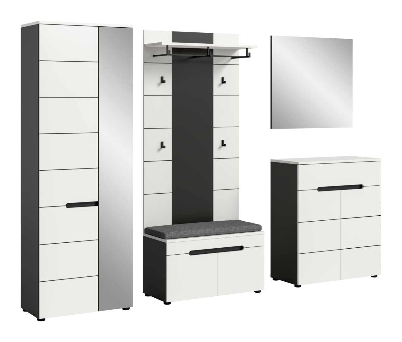 MID.YOU Garderobecombinatie CANU Modernes Flur-Garderoben-Set in Weiß und Anthrazit mit Hochschrank, Garderobenpaneel mit Hutablage und Haken, Sitzbank mit Polster sowie Kommode und Wandspiegel, gezeigt in Frontansicht mit leichter Perspektive