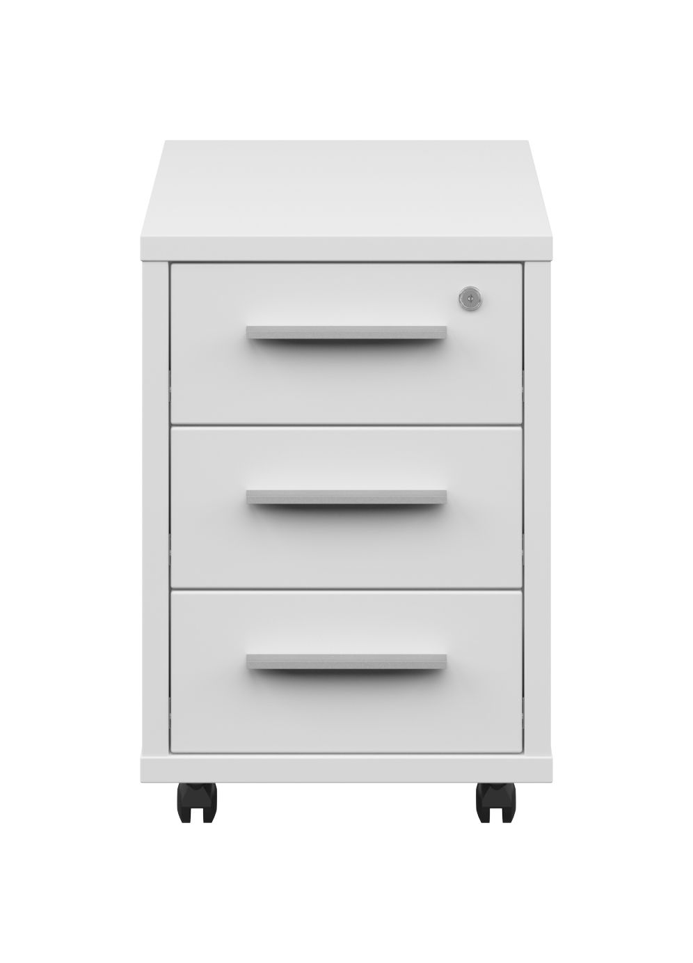 Weißer Rollcontainer mit drei Schubladen und Rollen, Vorderansicht
