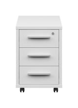 Weißer Rollcontainer mit drei Schubladen und Rollen, Vorderansicht