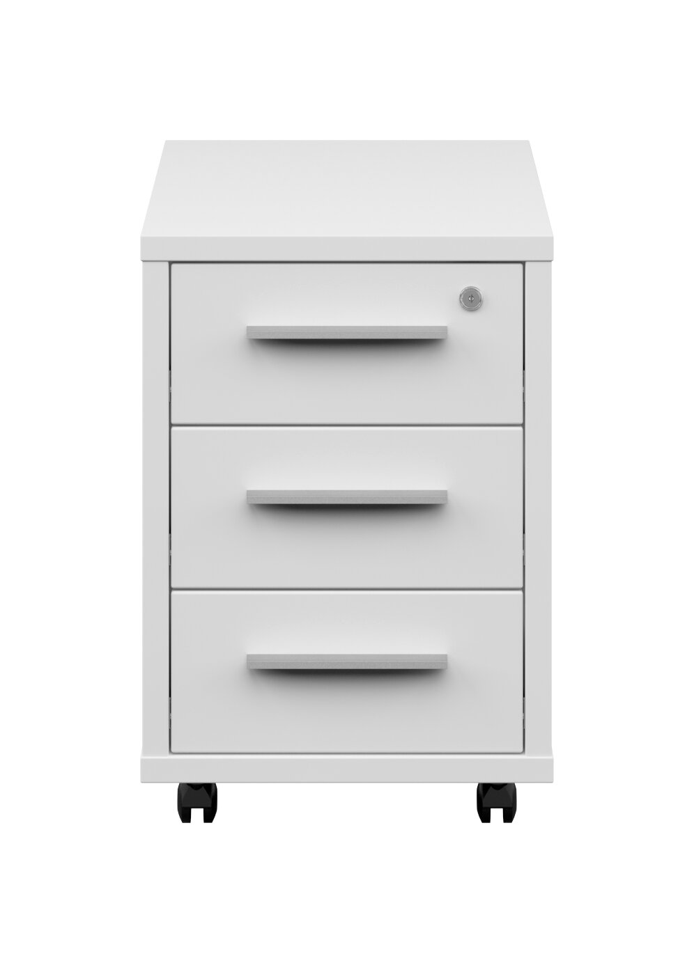 Weißer Rollcontainer mit drei Schubladen und Rollen, Vorderansicht