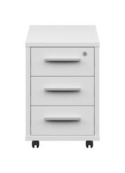 Weißer Rollcontainer mit drei Schubladen und Rollen, Vorderansicht