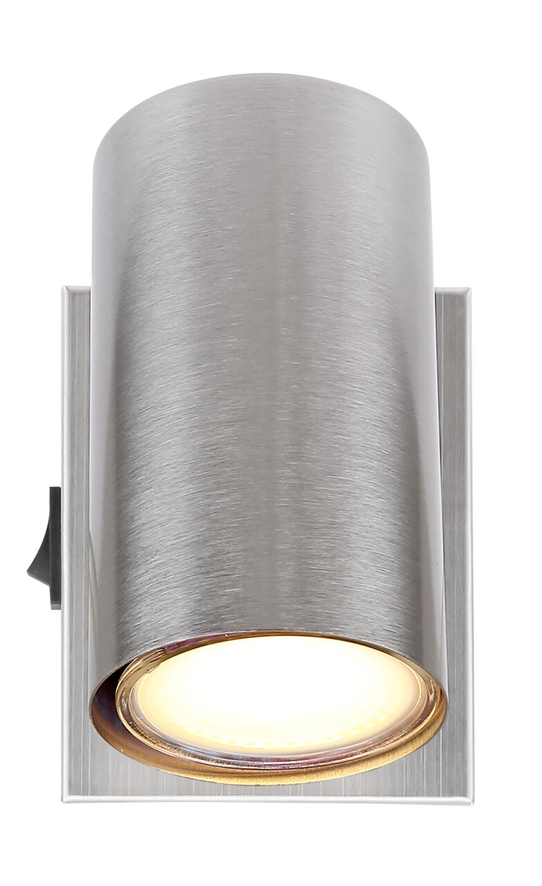 Moderner zylindrischer Strahler aus gebürstetem Metall, frontal abgebildet.