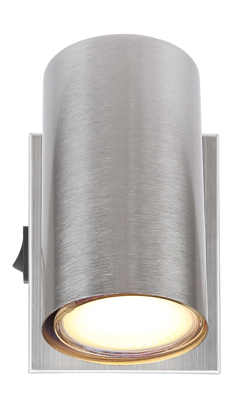 Moderner zylindrischer Strahler aus gebürstetem Metall, frontal abgebildet.