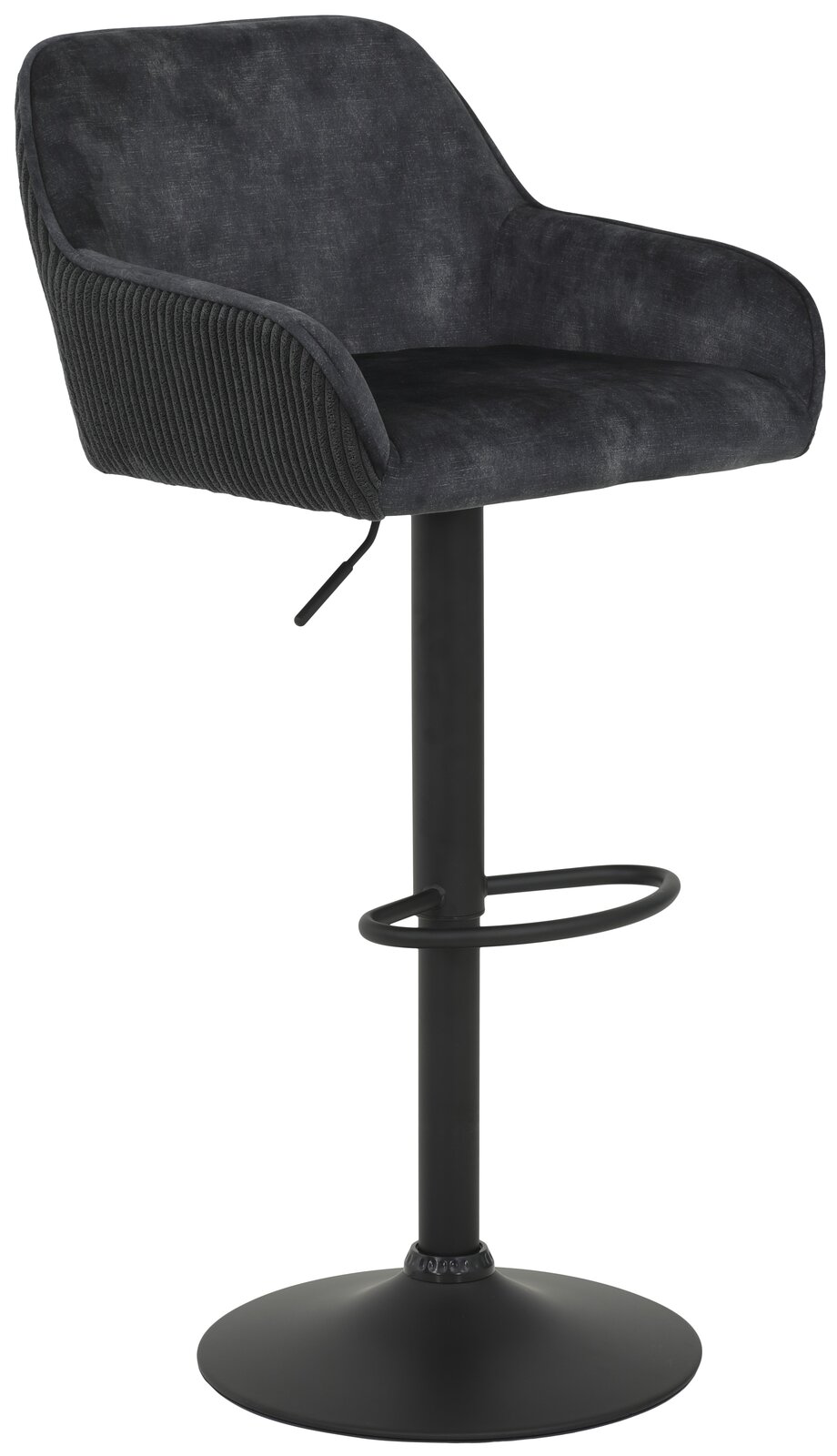 Z2 Barhocker DOLLIE Moderner Barhocker mit schwarzem Stoffbezug und Armlehnen, seitliche Perspektive