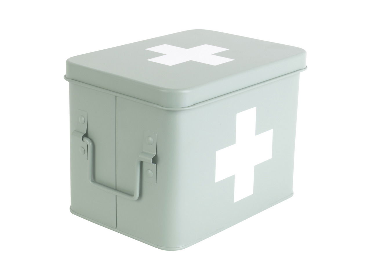 Metallische Aufbewahrungsbox mit weißem Kreuz auf der Vorderseite und dem Deckel, perspektivisch von vorne links fotografiert.
