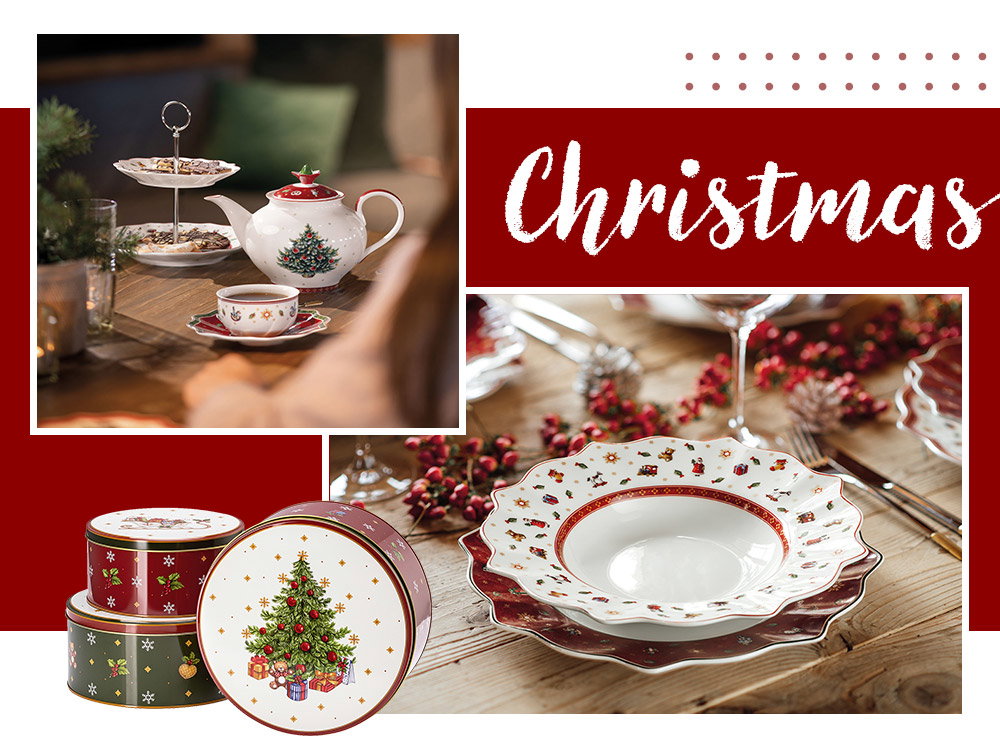 Feestelijke collage van kerstservies met theepot, kopjes, borden en decoratieve blikken.