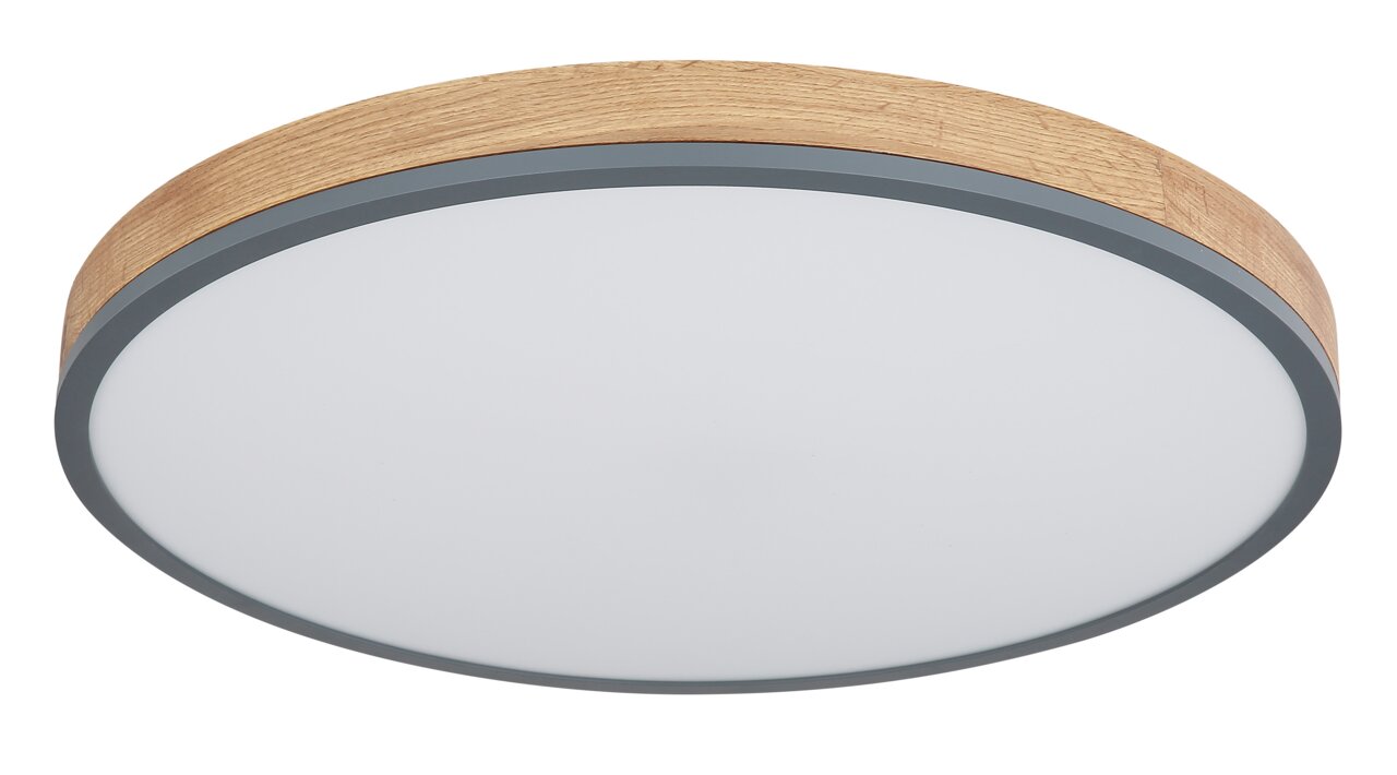 Globo Lighting Deckenleuchte DORO Runde Deckenleuchte DORO mit Holzrahmen und weißer Abdeckung, seitliche Perspektive