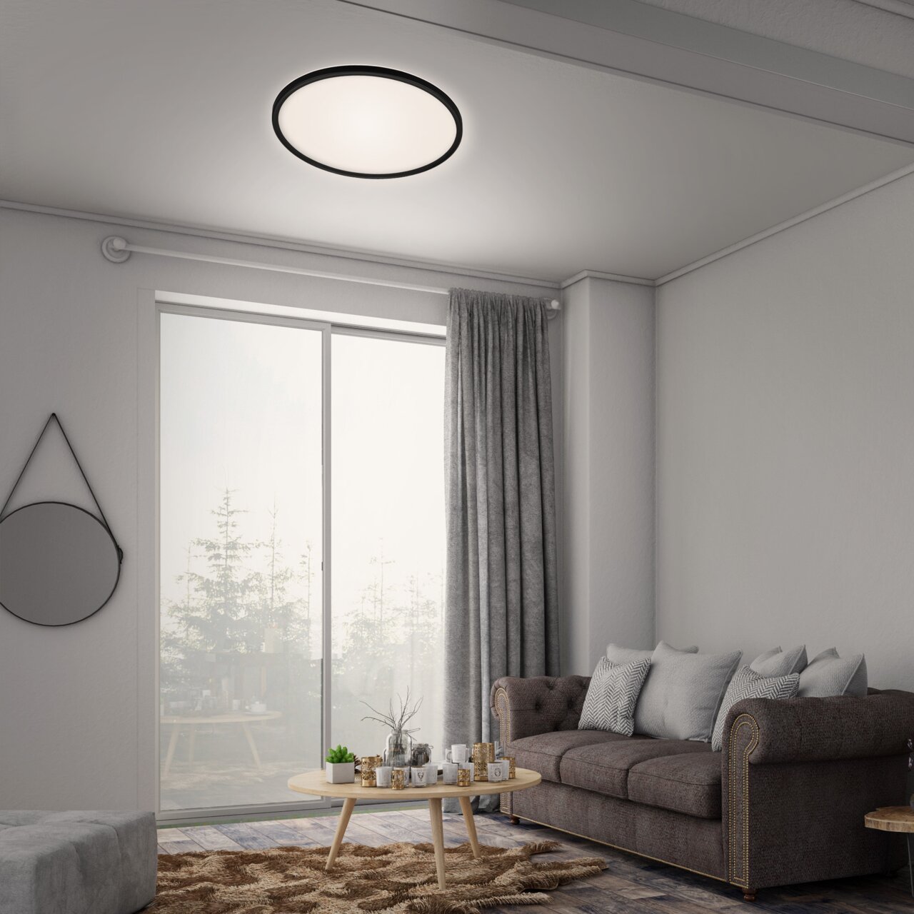 Moderne LED-Deckenleuchte in einem stilvollen Wohnzimmer, von unten betrachtet.