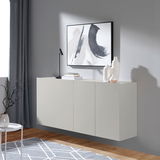 Hängesideboard in modernem Design, seitliche Perspektive, mit Dekorationen und Kunstwerk an der Wand