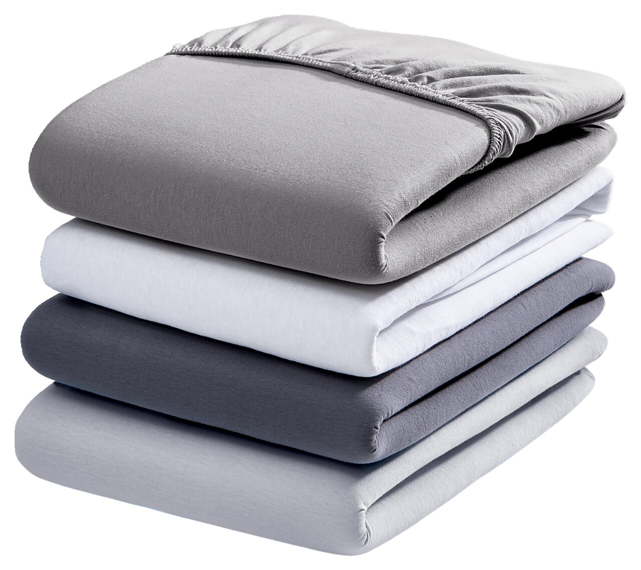 Gestapelte Spannbetttücher in verschiedenen Grautönen und Weiß, seitliche Perspektive