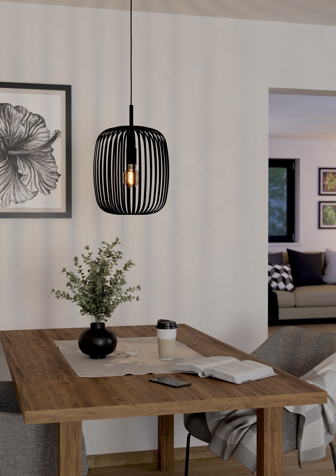 Eglo Leuchten Pendelleuchte ROMAZZINA Moderne schwarze Pendelleuchte Romazzina in einem gemütlichen Esszimmer, aus seitlicher Perspektive fotografiert.