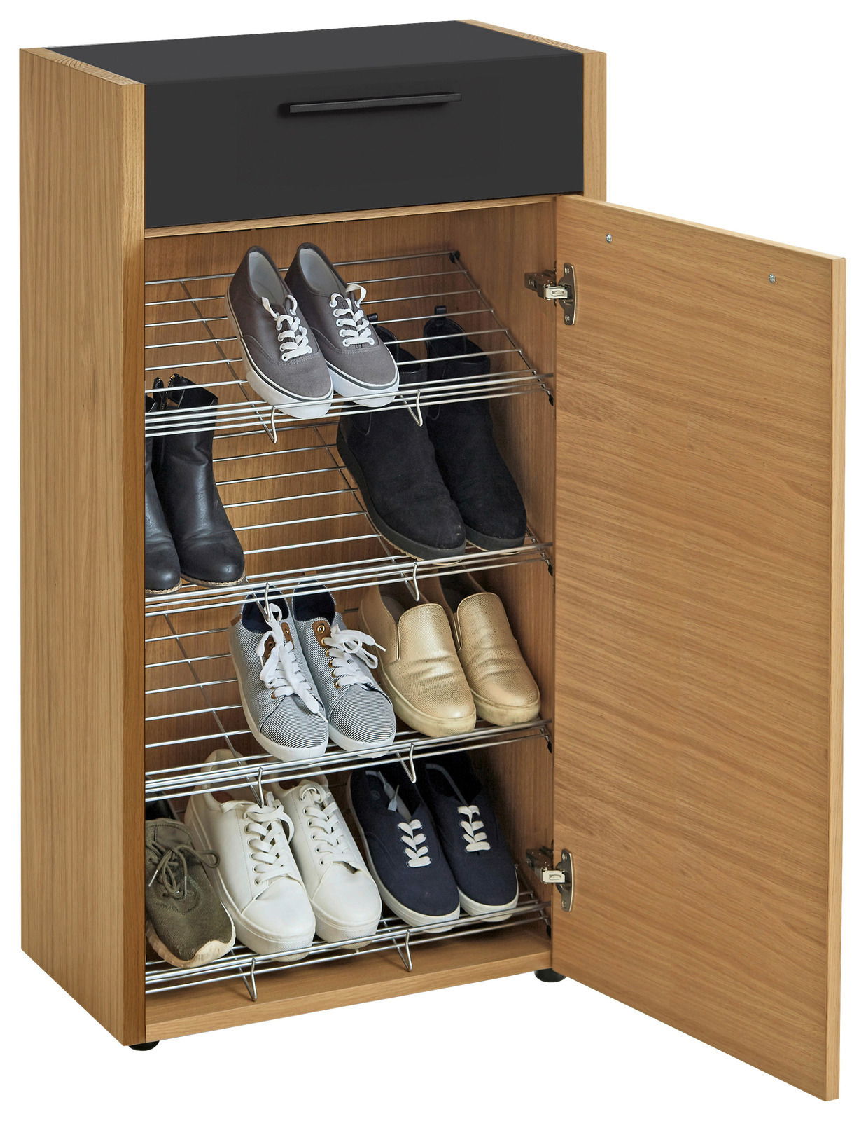 Schuhschrank aus Holz mit schwarzer Schublade, geöffnete rechte Tür, zeigt mehrere Paar Schuhe auf Metallregalen.